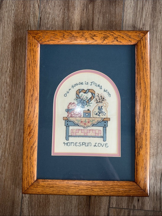 Other - Vintage 1991 Framed Needlepoint Hand-Embroidered Sampler - Homespun Love
